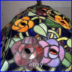 Vintage Tiffany Style Stained Glass Roses & Grapes 25H Table Lamp 17D Shade