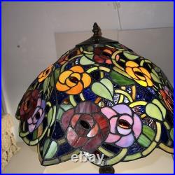 Vintage Tiffany Style Stained Glass Roses & Grapes 25H Table Lamp 17D Shade