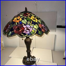 Vintage Tiffany Style Stained Glass Roses & Grapes 25H Table Lamp 17D Shade