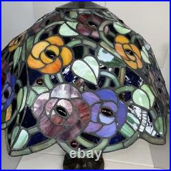 Vintage Tiffany Style Stained Glass Roses & Grapes 25H Table Lamp 17D Shade