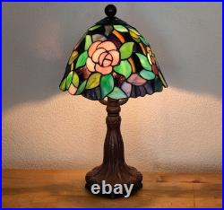 Vintage Tiffany Style Stained Glass Table Lamp 14 Pink Rose Floral