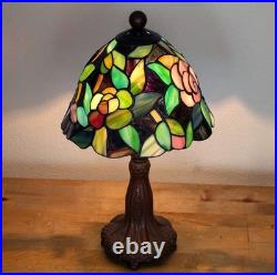 Vintage Tiffany Style Stained Glass Table Lamp 14 Pink Rose Floral
