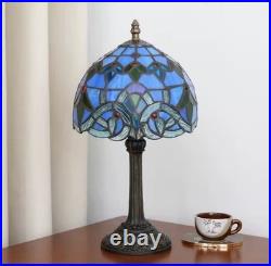 Vintage Tiffany Style Stained Glass Table Lamp Blue Floral Bedside Light Decor