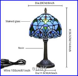 Vintage Tiffany Style Stained Glass Table Lamp Blue Floral Bedside Light Decor