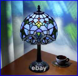 Vintage Tiffany Style Stained Glass Table Lamp Blue Floral Bedside Light Decor