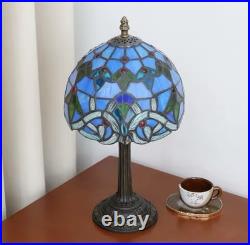 Vintage Tiffany Style Stained Glass Table Lamp Blue Floral Bedside Light Decor