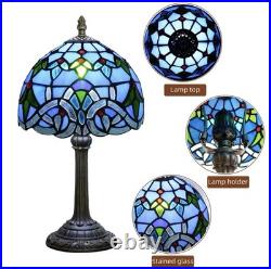 Vintage Tiffany Style Stained Glass Table Lamp Blue Floral Bedside Light Decor