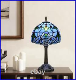 Vintage Tiffany Style Stained Glass Table Lamp Blue Floral Bedside Light Decor