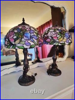 Vintage Tiffany Style Table Lamp Floral Stained Glass Brass base Art Nouveau 22 Vintage Tiffany Style Table Lamp Floral Stained Glass Brass base Art Nouveau 22
