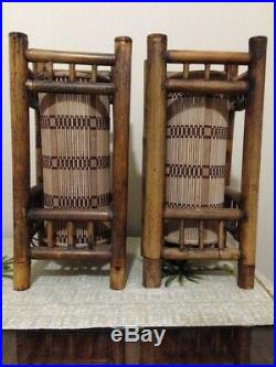 Vintage Tiki Lights Lamps Bamboo Wicker Rattan Table Nightstand Orchids Hawaii
