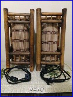 Vintage Tiki Lights Lamps Bamboo Wicker Rattan Table Nightstand Orchids Hawaii