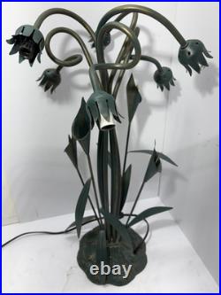 Vintage Tole Metal Floral Bouquet Table Lamp Green Patina 7 Light Flowers