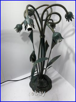 Vintage Tole Metal Floral Bouquet Table Lamp Green Patina 7 Light Flowers