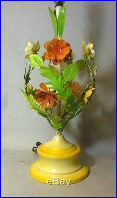 Vintage Tole Painted Metal Italian Table Flower Lamp Mid Century Orange Yellow