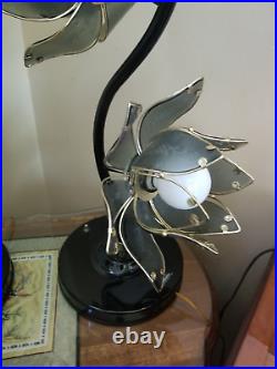 Vintage Triple Black Lotus Flower Table Lamp Smoked Glass Petals MCM Regency