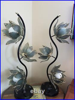 Vintage Triple Black Lotus Flower Table Lamp Smoked Glass Petals MCM Regency