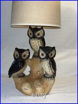 Vintage Triple Owl Table Lamp Mid Century Modern Chalkware Cottage Cabin 3 Owls