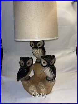 Vintage Triple Owl Table Lamp Mid Century Modern Chalkware Cottage Cabin 3 Owls