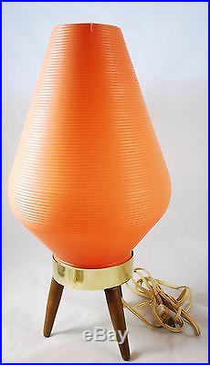 Vintage Tripod Beehive Lamp Tapered Wood Legs MID Century MCM Orange Plastic