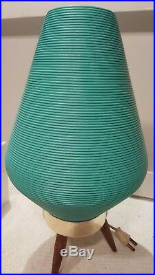 Vintage Tripod Beehive Lamp Tapered Wood Legs MID Century Turquoise Plastic