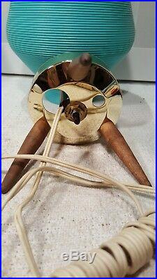 Vintage Tripod Beehive Lamp Tapered Wood Legs MID Century Turquoise Plastic