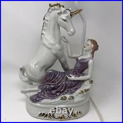 Vintage Unicorn Goddess Porcelain Lamp and Shade Handpainted Purple Rare Works