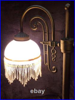 Vintage Victorian Brass Wing Arm Lamp with Beaded Fringe Frosted Glass Shade