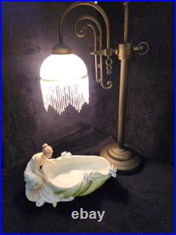 Vintage Victorian Brass Wing Arm Lamp with Beaded Fringe Frosted Glass Shade
