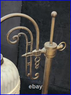 Vintage Victorian Brass Wing Arm Lamp with Beaded Fringe Frosted Glass Shade