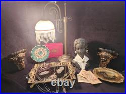 Vintage Victorian Brass Wing Arm Lamp with Beaded Fringe Frosted Glass Shade