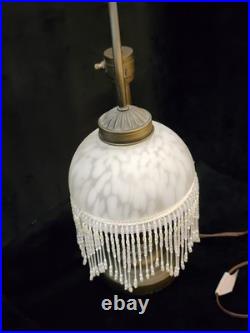 Vintage Victorian Brass Wing Arm Lamp with Beaded Fringe Frosted Glass Shade