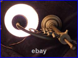 Vintage Victorian Brass Wing Arm Lamp with Beaded Fringe Frosted Glass Shade