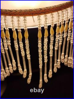 Vintage Victorian Brass Wing Arm Lamp with Beaded Fringe Frosted Glass Shade