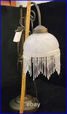 Vintage Victorian Brass Wing Arm Lamp with Beaded Fringe Frosted Glass Shade