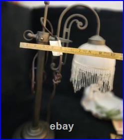 Vintage Victorian Brass Wing Arm Lamp with Beaded Fringe Frosted Glass Shade