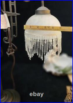 Vintage Victorian Brass Wing Arm Lamp with Beaded Fringe Frosted Glass Shade