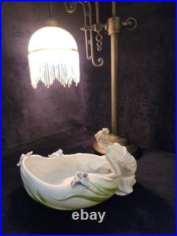 Vintage Victorian Brass Wing Arm Lamp with Beaded Fringe Frosted Glass Shade