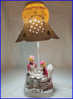 Vintage Victorian Ceramic Figurine TeaTable Lamp, Floral White/Pink Glossy, Bell