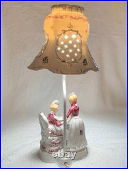 Vintage Victorian Ceramic Figurine TeaTable Lamp, Floral White/Pink Glossy, Bell