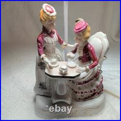 Vintage Victorian Ceramic Figurine TeaTable Lamp, Floral White/Pink Glossy, Bell