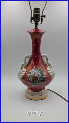 Vintage Victorian Painted Marble Swirl Table Lamp With Figural Swan Handles