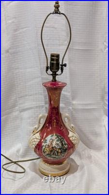 Vintage Victorian Painted Marble Swirl Table Lamp With Figural Swan Handles