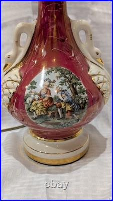 Vintage Victorian Painted Marble Swirl Table Lamp With Figural Swan Handles