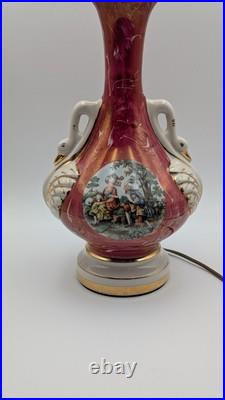 Vintage Victorian Painted Marble Swirl Table Lamp With Figural Swan Handles