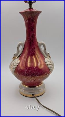 Vintage Victorian Painted Marble Swirl Table Lamp With Figural Swan Handles