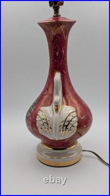 Vintage Victorian Painted Marble Swirl Table Lamp With Figural Swan Handles