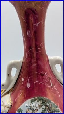 Vintage Victorian Painted Marble Swirl Table Lamp With Figural Swan Handles