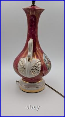 Vintage Victorian Painted Marble Swirl Table Lamp With Figural Swan Handles