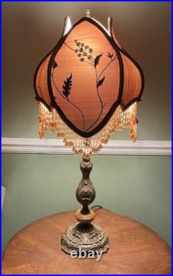 Vintage Victorian Revival Table Lamp Heavy Brass Stone Base Amber Fringe Shade Vintage Victorian Revival Table Lamp Heavy Brass Stone Base Amber Fringe Shade