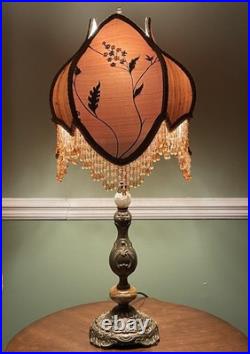 Vintage Victorian Revival Table Lamp Heavy Brass Stone Base Amber Fringe Shade Vintage Victorian Revival Table Lamp Heavy Brass Stone Base Amber Fringe Shade